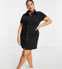 Черное выбеленное джинсовое платье-рубашка приталенного кроя с короткими рукавами ASOS DESIGN Curve-Черный цвет