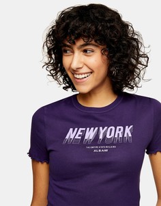 Фиолетовая футболка c принтом "New York" и фигурной кромкой Topshop-Фиолетовый цвет
