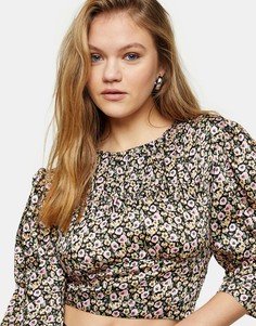 Атласная блузка с оборками и цветочным принтом Topshop-Многоцветный