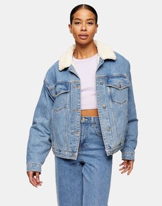 Синяя джинсовая куртка в стиле oversized с отделкой из искусственного меха Topshop-Коричневый цвет