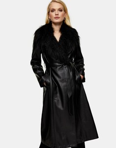 Черное пальто из искусственной кожи с отделкой из искусственного меха Topshop-Черный цвет