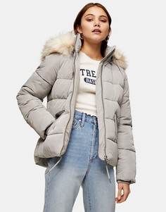 Серая дутая куртка с искусственным мехом на капюшоне Topshop-Серый