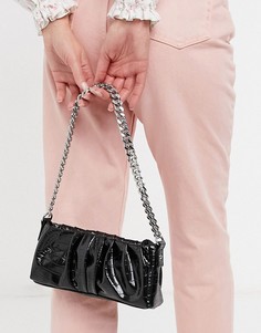 Черная присборенная сумка на плечо в стиле 90-х из искусственной кожи под крокодила с серебристым ремешком-цепочкой ASOS DESIGN-Черный цвет