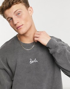Черный выбеленный свитшот с надписью "Berlin" Topman-Черный цвет
