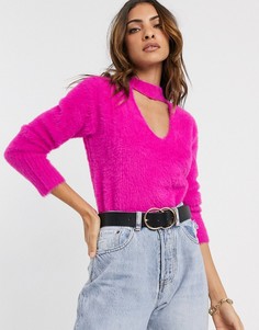 Розовый пушистый джемпер с вырезом River Island-Розовый цвет