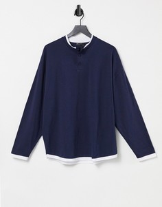 Темно-синий лонгслив в стиле oversized с имитацией двойного слоя и воротником с застежкой на пуговицы ASOS DESIGN