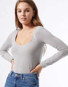 Серое боди с овальным вырезом и длинными рукавами Miss Selfridge-Серый
