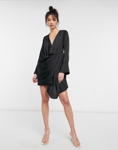 Атласное мини-платье черного цвета с драпированной юбкой ASOS DESIGN-Черный цвет