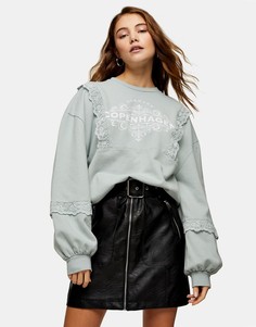 Шалфейно-зеленый свитшот с отделкой кружевом Topshop Copenhagen-Зеленый цвет