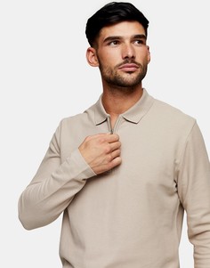 Светло-бежевое поло с длинными рукавами из пике Topman-Белый