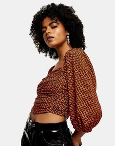 Красная укороченная блузка со сборками и принтом в виде сердечек Topshop-Многоцветный