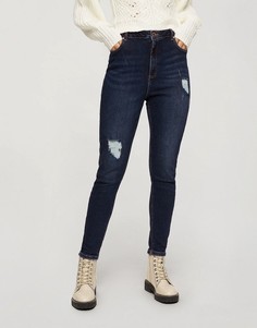 Темно-синие зауженные джинсы с завышенной талией и рваной отделкой Miss Selfridge Lizzie-Голубой