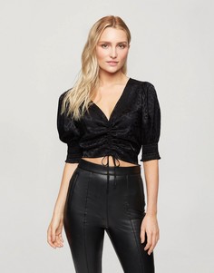 Черная блузка с оборками на рукавах и звериным принтом Miss Selfridge-Черный цвет