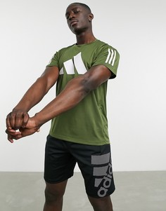 Футболка цвета хаки с 3 полосками и логотипом adidas Training-Зеленый цвет
