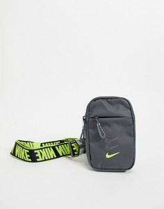 Сумка через плечо с названием бренда на ремне серого цвета с неоновой желтой отделкой Nike-Серый