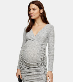 Серое меланжевое платье мини в рубчик со сборками Topshop Maternity-Серый