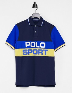 Разноцветная футболка-поло из пике в стиле колор блок с большим логотипом Polo Ralph Lauren Sport-Темно-синий