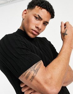 Черная футболка в рубчик с высоким воротником ASOS DESIGN-Черный цвет