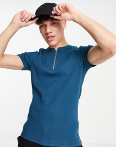 Бирюзовая футболка облегающего кроя с вафельной текстурой и планкой на молнии ASOS DESIGN-Зеленый цвет