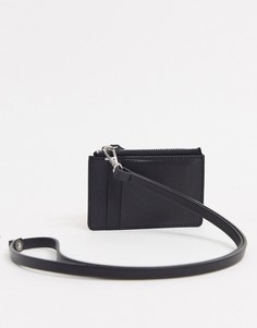 Черный кожаный кошелек с ремешком, кредитницей и молнией ASOS DESIGN