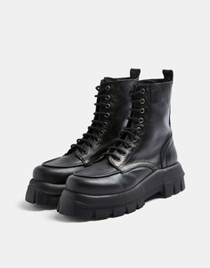 Черные кожаные ботильоны на массивной подошве и шнуровке Topshop-Черный цвет