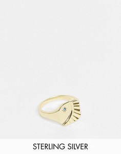 Позолоченное кольцо-печатка из стерлингового серебра с гравировкой в виде луны и синим камнем Serge DeNimes-Золотистый