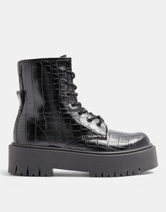 Черные лакированные ботинки с узором крокодиловой кожи на толстой подошве Topshop-Черный