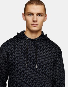 Темно-синий худи без застежки с монограммным принтом Topman-Голубой