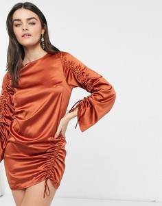 Атласное присборенное платье мини кирпичного цвета с длинными рукавами ASOS DESIGN-Коричневый цвет