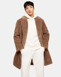 Коричневое плюшевое двубортное пальто Topman-Коричневый цвет