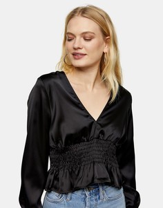Черная атласная блузка со сборками на талии Topshop-Черный цвет