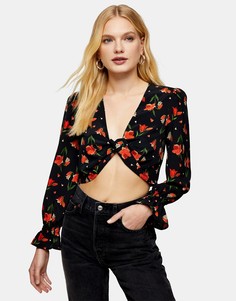 Черная укороченная блузка с завязкой и принтом тюльпанов Topshop-Многоцветный