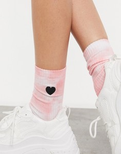 Высокие носки в рубчик с принтом тай-дай и вышивкой сердечек ASOS DESIGN-Розовый цвет