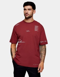 Бордовая футболка с фирменным принтом Topman-Красный