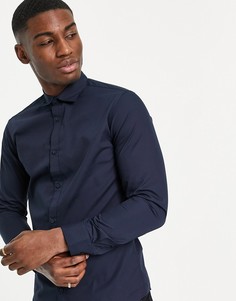 Темно-синяя приталенная строгая рубашка Jack & Jones Essentials-Темно-синий