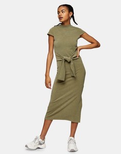 Платье миди цвета хаки с завязкой на талии Topshop-Зеленый цвет