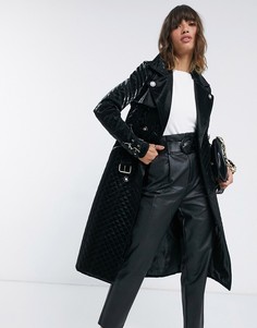 Черное стеганое пальто в стиле милитари из искусственной кожи River Island-Черный
