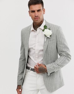 Серый приталенный пиджак в полоску из ткани с добавлением шерсти ASOS DESIGN Wedding-Зеленый цвет