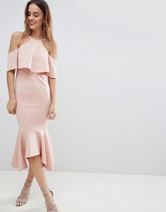 Асимметричное платье миди с оборками и открытыми плечами ASOS-Розовый