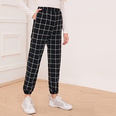 Брюки в клетку с эластичной талией для девочек Shein