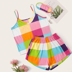 Пижама В Клетку На Бретелях И Маска Для Глаз Shein