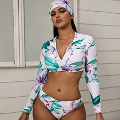 Повязка на голову и бикини с цветочным принтом, длинным рукавом Shein