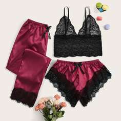 Кружевной бюстгальтер, атласные шорты и брюки Shein