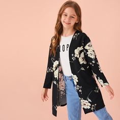 Пальто с цветочным принтом для девочек Shein