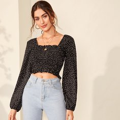 Блуза В Горошек С Длинным Рукавом И Оборкой Shein
