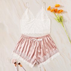 Комплект Кружевной Топ Ками И Атласные Шорты Shein