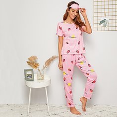 Полосатая пижама с графическим принтом и маска для глаз Shein