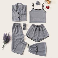 Атласная Пижама С Текстовой Вышивкой 7шт Shein