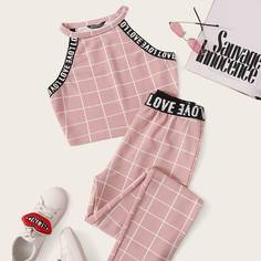 Топ в клетку с текстовой лентой и леггинсы Shein