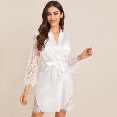 Атласный халат с поясом и кружевом Shein